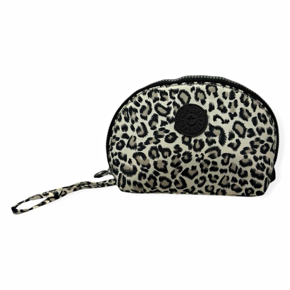 Kipling Wild Leopard Print Nylon Zip Makeup Bag Pouch Wrist Strap Black White